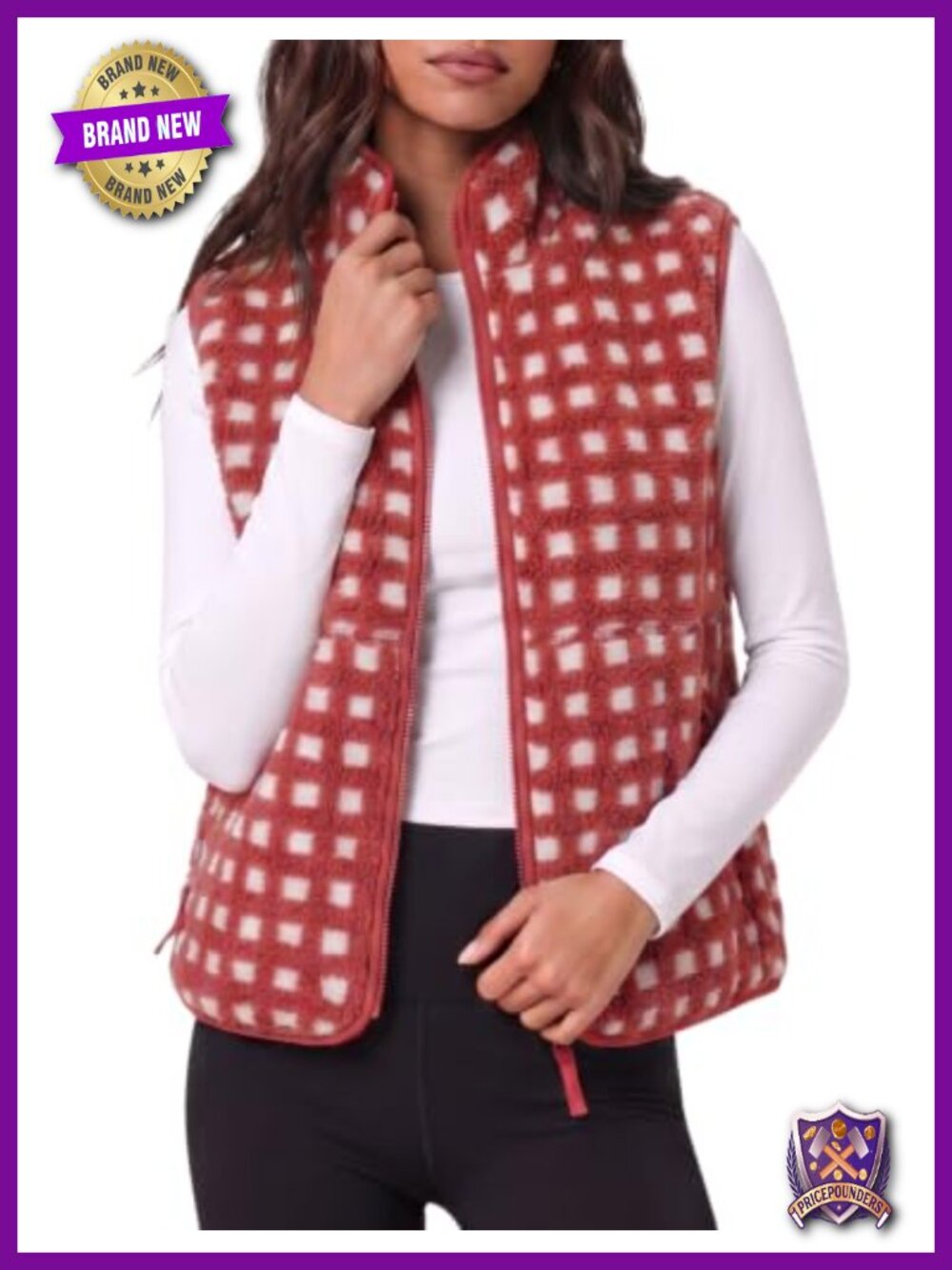 Sherpa Fleece Vest Gingham Plaid Zip Jacket with Pockets